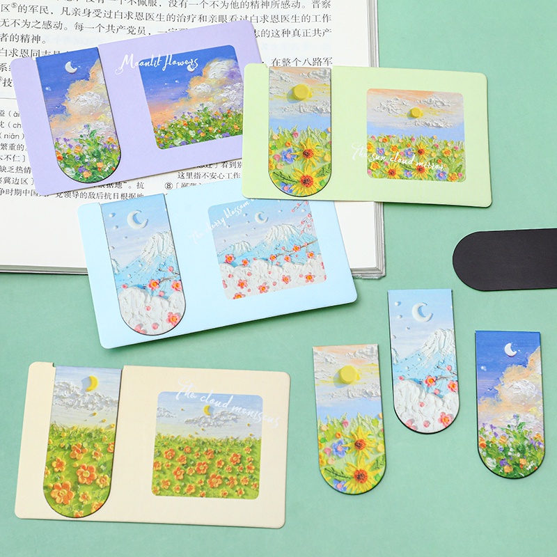 3pcs Seri Lukisan Minyak Cantik Bookmark Magnet Siswa Mini Book Page Folder