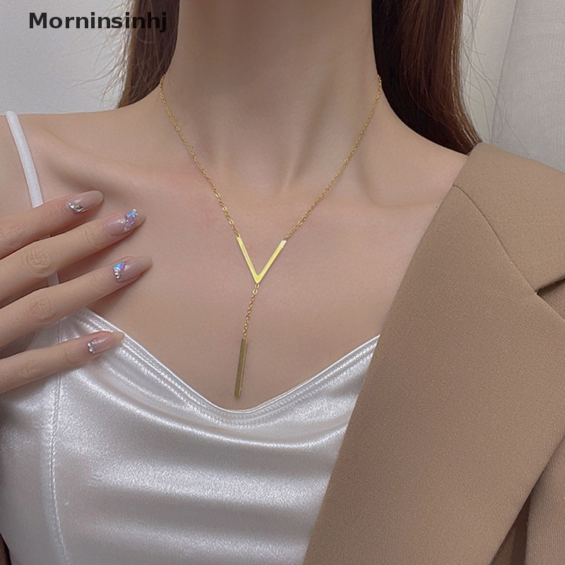 Mornin Stainless Steel V-Shaped Panjang Seksi Klavikula Kalung Wanita Dan Anak Perempuan Anti Karat Warna Emas Rantai Kalung Pesta Perhiasan id