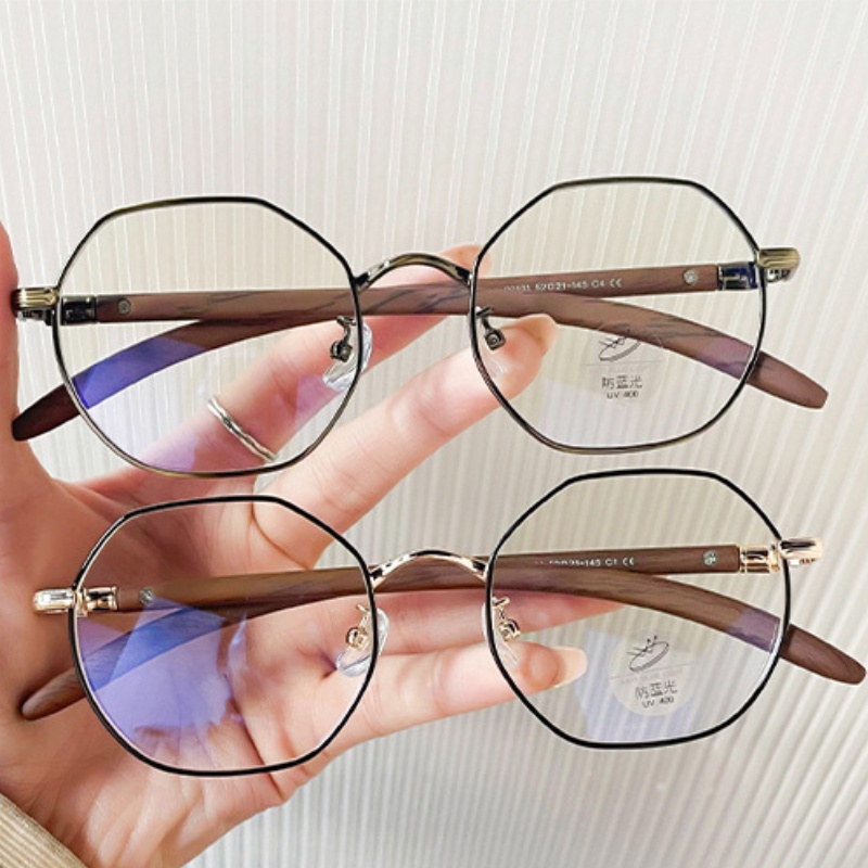 (YUZHU) Vintage Fashion Bingkai Logam Kacamata Poligonal Serat Kayu Candi Anti Cahaya Biru Eyeglasses Unisex