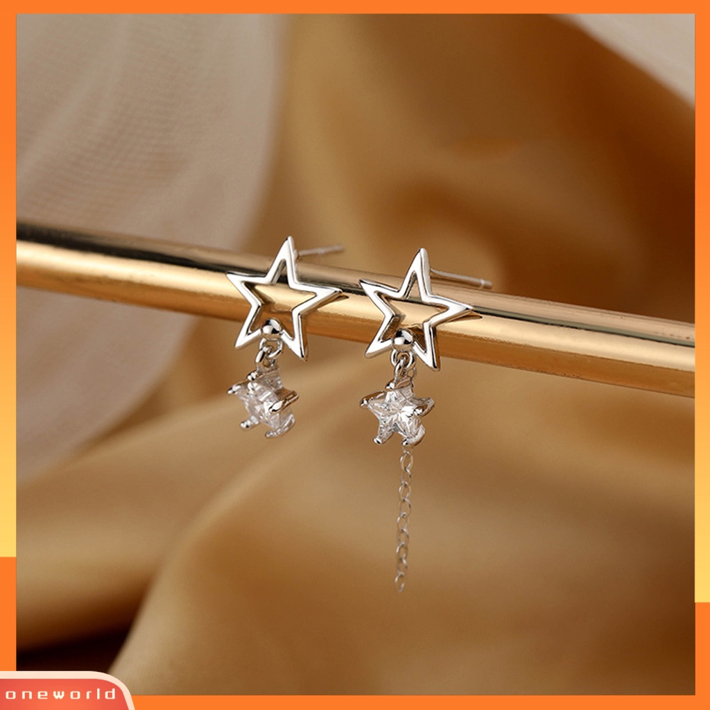 [EONE] 1pasang Ear Studs Hollow Bintang Rantai Rumbai Tidak Teratur Warna Emas/Perak Cubic Zirconia Tertanam Bintang Drop Anting-Anting Perhiasan Fashion
