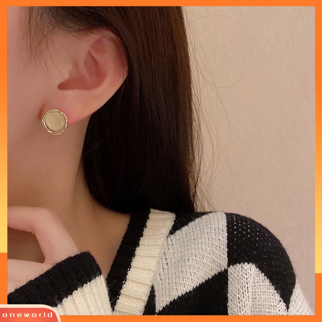 [EONE] 1pasang Anting Wanita Opal Shiny High-polished Menghias Perhiasan Wanita Bulat Mata Kucing Earrings Ladies Accessories