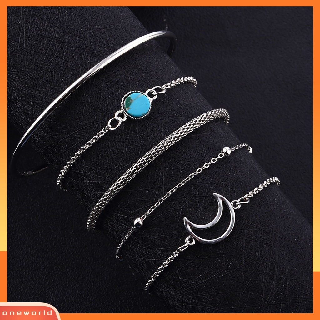 [EONE] 5pcs/set Wanita Gelang Set Multi Bentuk Bulan Rantai Alloy Lady Bangle Set Untuk Hadiah