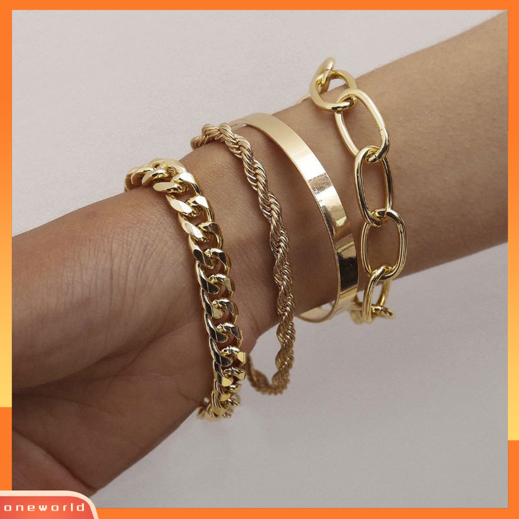 [EONE] 4pcs Wanita Gelang Electroplating Hias Kepribadian Multi-style Vintage Dekorasi Tahan Luntur Vintage Berlebihan Rantai Besar Gelang Perhiasan Aksesori