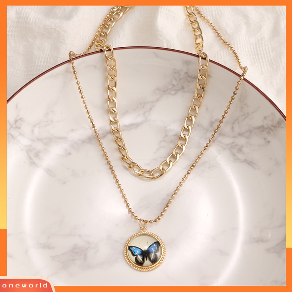 [EONE] Wanita Kalung Double Layer Retro Hias Kilau Terang Dapat Disesuaikan Perhiasan Hadiah Aksesori Gadis Kupu-Kupu Liontin Kalung Rantai Klavikula Untuk Pacaran