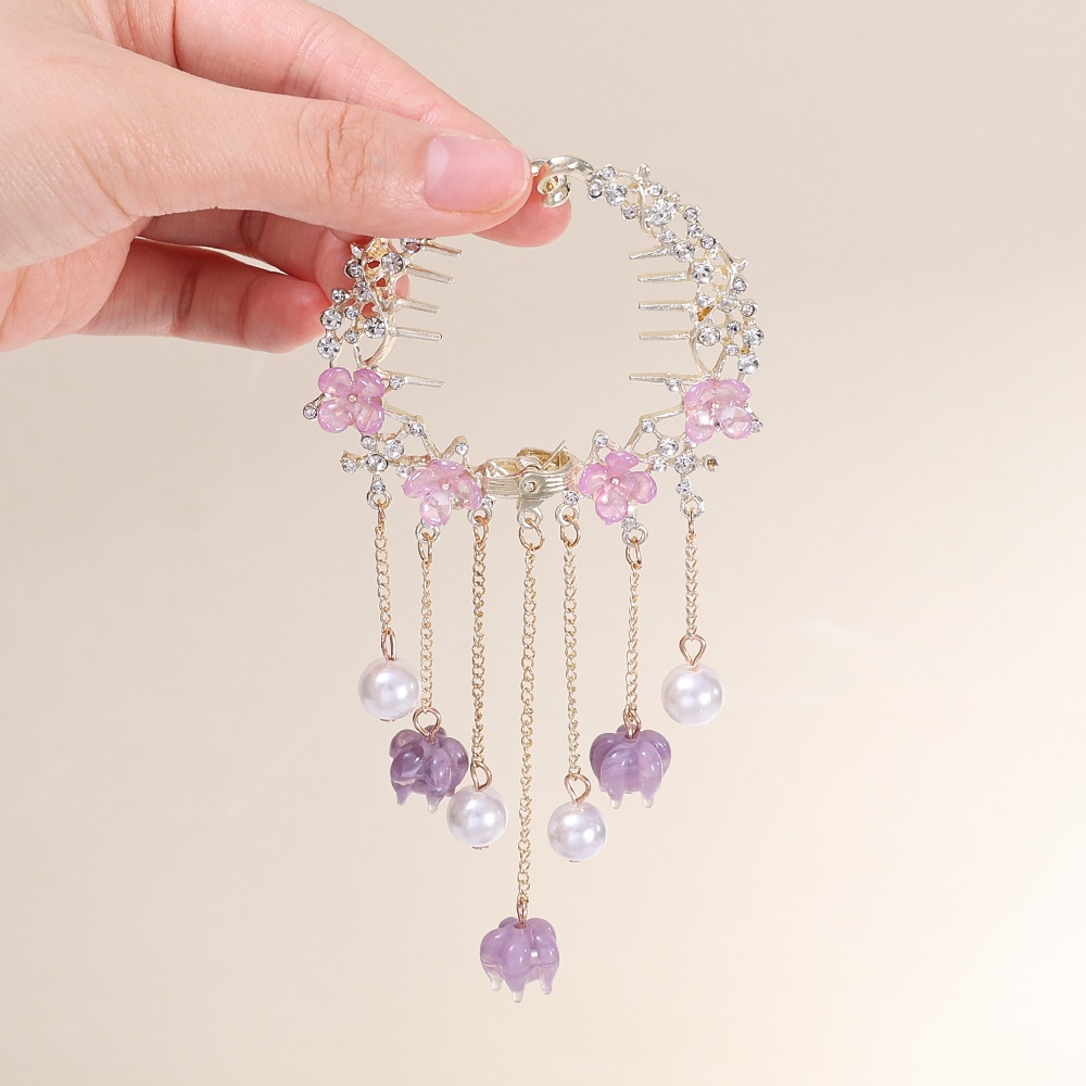 Amethyst Flower Tassel Balls Head Plate Hair Buckle Hair Clip/Bagian Belakang Kepala Bola Head Coil Hair Ponytail Buckle/Hiasan Kepala Pengantin Super Peri Elegan Aksesoris Rambut