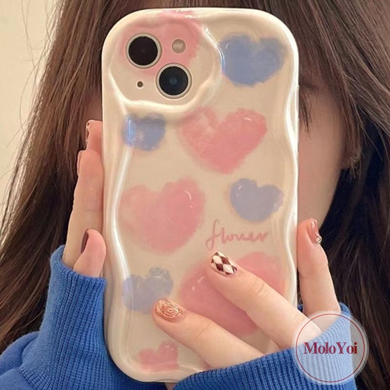 IPHONE Shockproof Case Kompatibel Untuk Iphone11 14 13 12 Pro Max 7Plus XR 6s 6 7 8 Plus X XS Max SE 2020 Ins Tinta Cinta Hati Bunga 3D Wavy Curved Edge Glossy Airbag Soft Cover