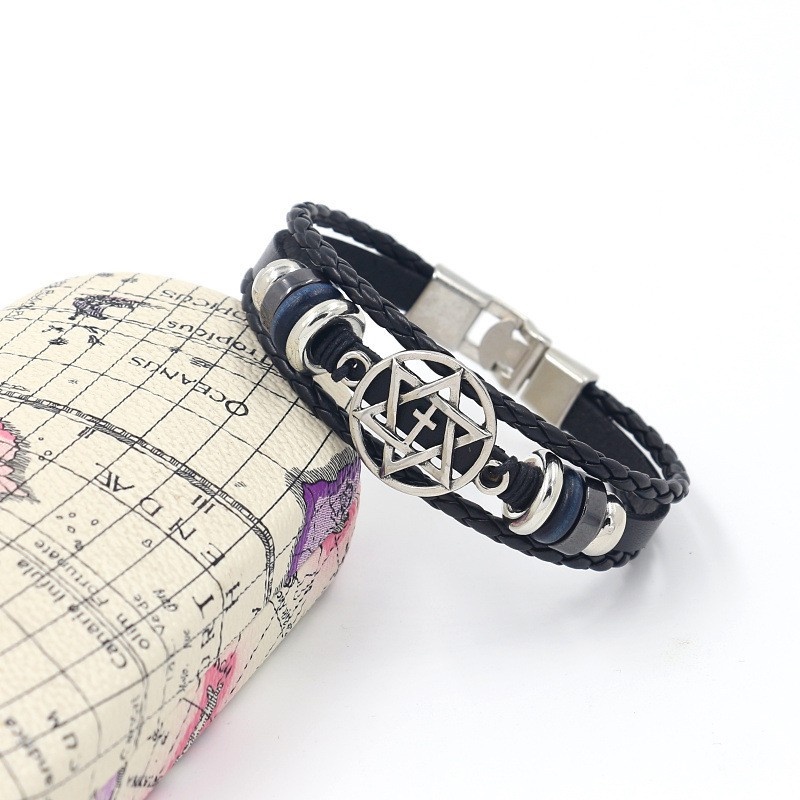 [Z H Perhiasan] Vintage Rock Enam Bintang Kulit Asli Gelang Pria Dan Wanita Fashion Anti Karat Multi Layer Manik-Manik PU Gelang Punk Pesta Perhiasan Aksesoris