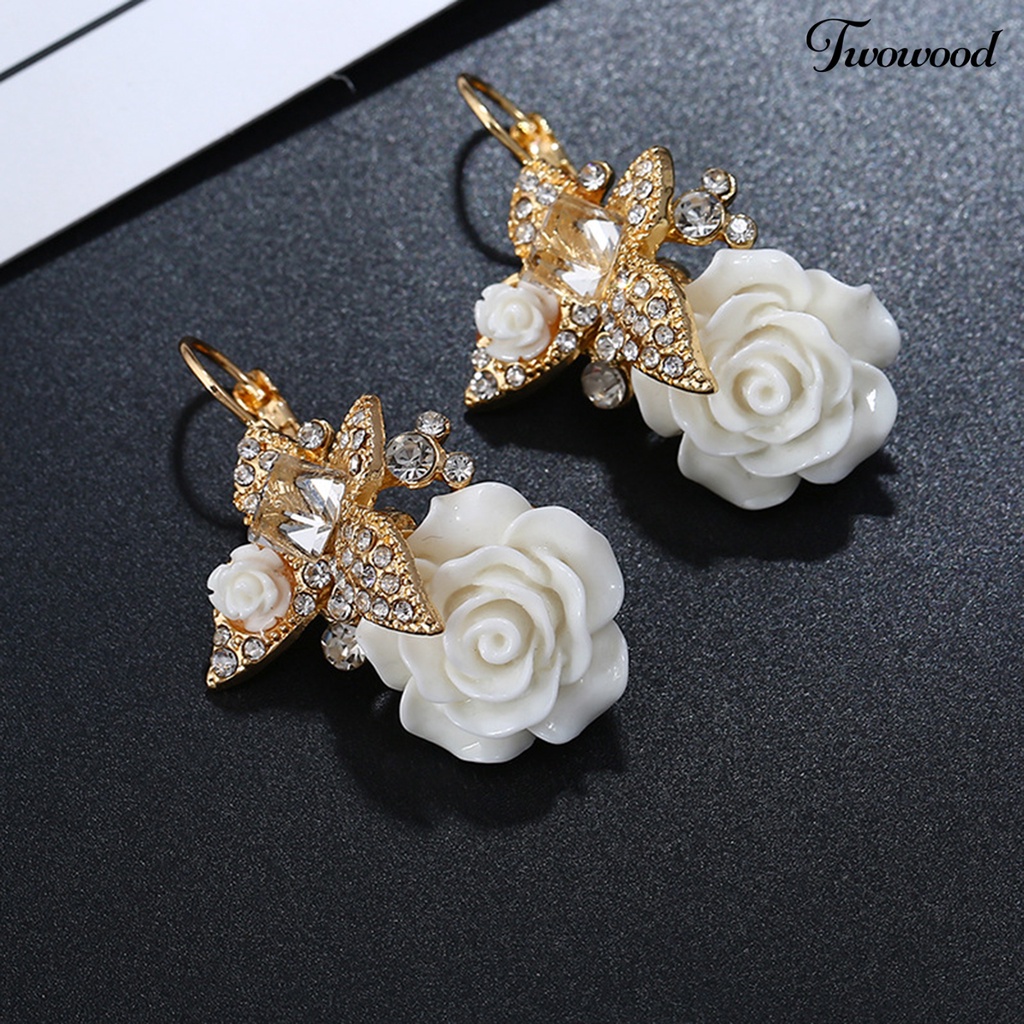 Twowood 1pasang Anting Wanita Bunga Berlian Imitasi Vintage Electroplating Tahan Lama Ear Buckle Earrings Untuk Pernikahan