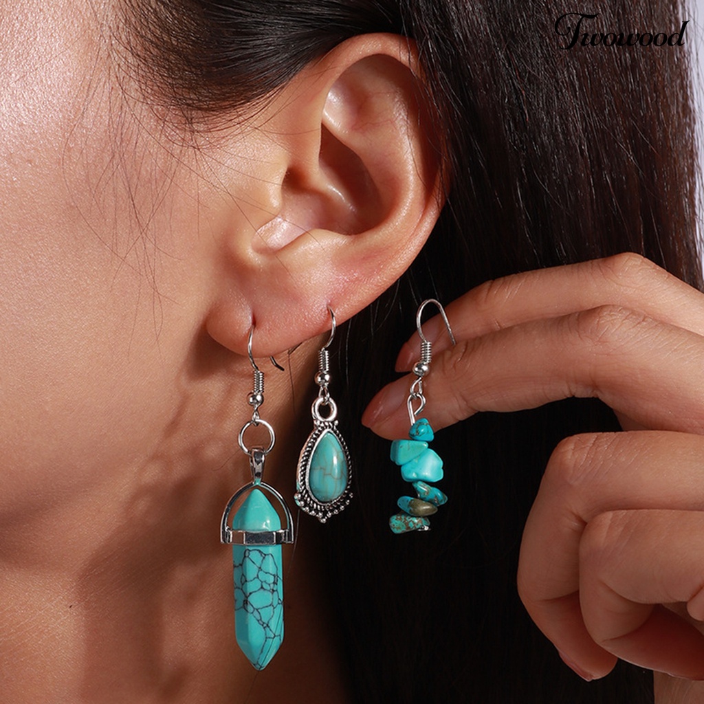 Twowood 1set Statement Kalung Etnik Retro Tetesan Air/Hexagon Prisma Imitasi Biru Turquoise Batu Alam Hoop Earrings Kit Perhiasan Fashion