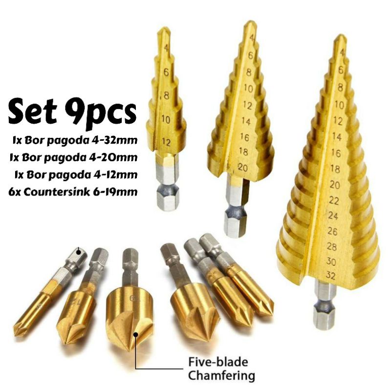 Set Kumplit Mata Bor Besi Kayu Countersink Multifungsi Bor Dowel Pagoda