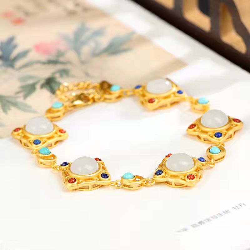 Goldkingdom Fashion Perhiasan Aksesoris Ready Stock Kalsedon Alami Gelang Perempuan Gaya Kuno Hetian Giok Gelang Hanfu Aksesoris