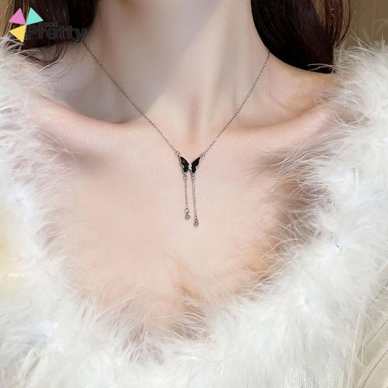 Super Peri Rumbai Hitam Kupu-kupu Liontin Kalung Rantai Tulang Selangka Cahaya Mewah Perempuan - PD