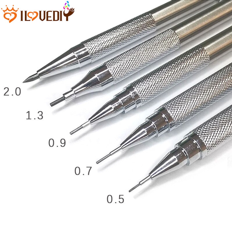 0.3/0.5/'0.7/0.9/1.3/2.0mm Memimpin Kantor Sekolah Supply Gambar Desain Pensil Otomatis Full Metal Art Drawing Painting Pensil Mekanik
