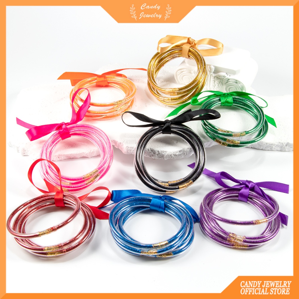 Briliant Warna Merah Muda Cerah Gelang Set Perempuan Tabung Transparan Emas Bawang Bubuk Plastik Gelang Permen Perhiasan