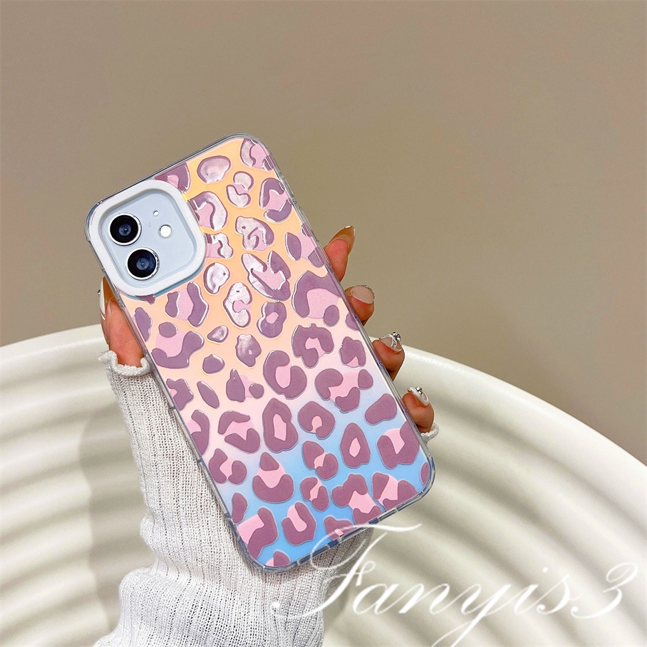 Compatible For IPhone 14 13 12 11 Pro Max X XR Xs Max 8 7 Plus SE 2020 Kompatibel Untuk Pink Biru Leopard Print IMD Laser Gradiasi Ponsel Case TPU Lembut Shockproof Cover Pelindung