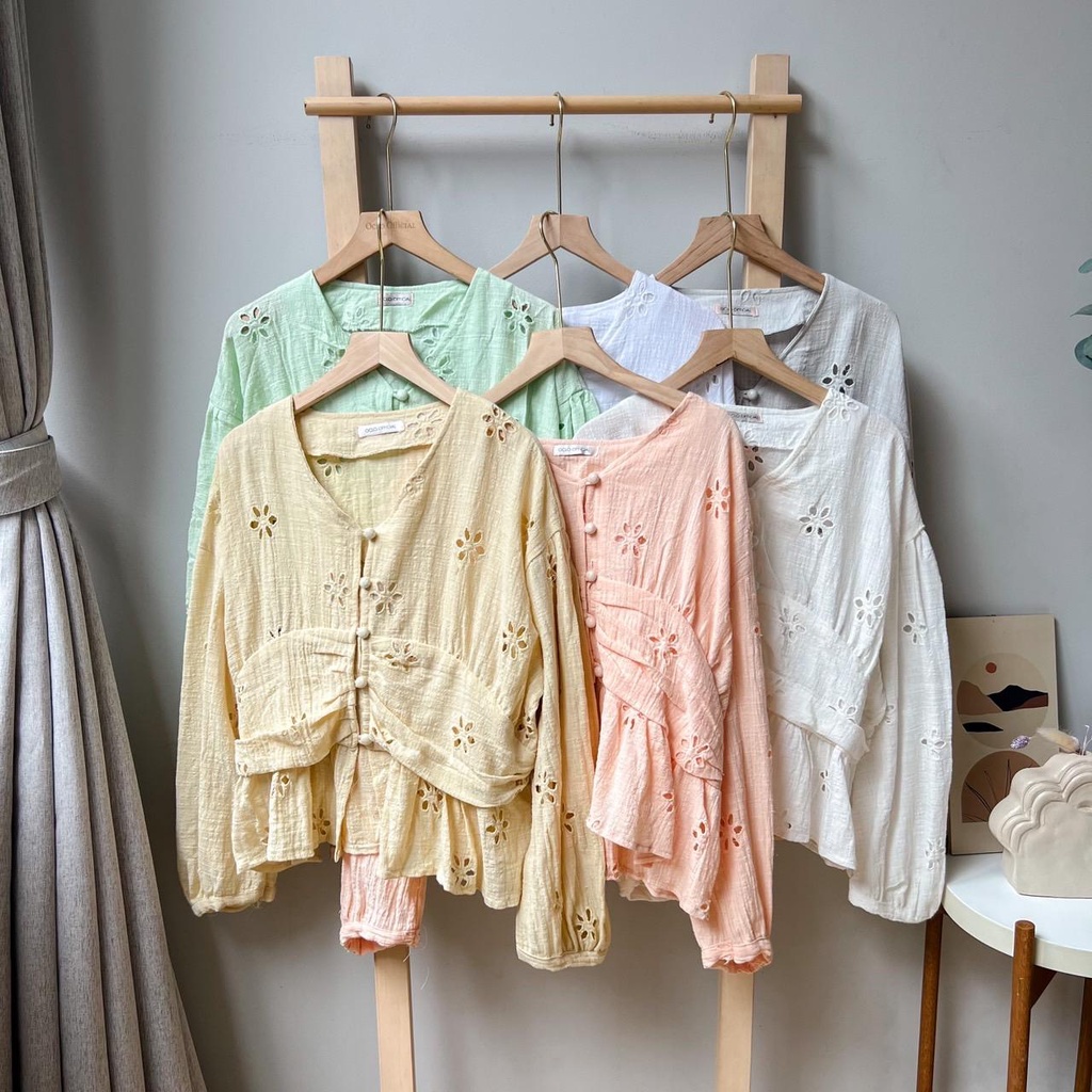 Oclo Fyafa Blouse Atasan Wanita Katun Bordir Bolong Kancing Premium Terbaru OCL01010
