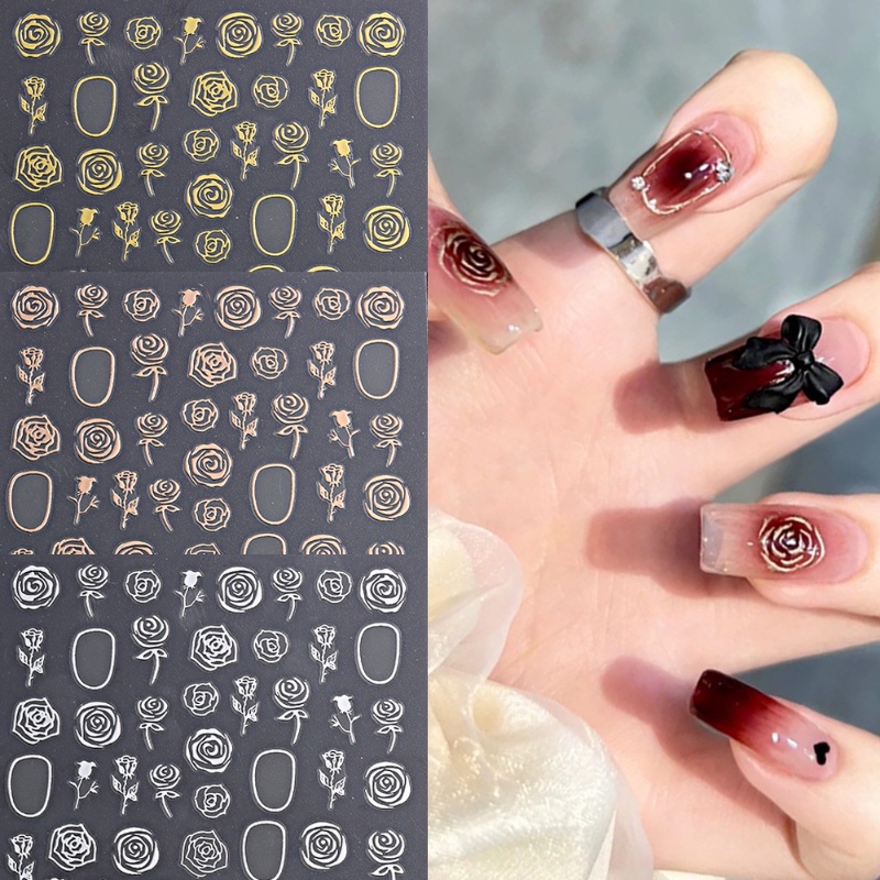 Indah Retro Bronzing Mawar Nail Art Stiker 3D Self Adhesive Transfer Sliders Manicures DIY Dekorasi Decals Nails Accesoires