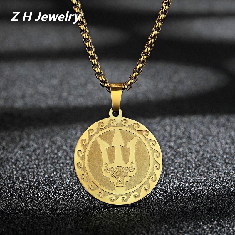 Z H Perhiasan Stainless Steel Poseidon Trisula Liontin Kalung Lapis Emas 18K Pria Dan Wanita Kalung Bohemian Pesta Rock Punk Aksesoris Fashion Hadiah