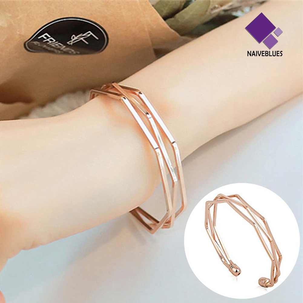 &lt; Naiveblues &gt; Fashion Wanita Multi Layers Bentuk Geometri Open End Bangle Wrist Jewelry