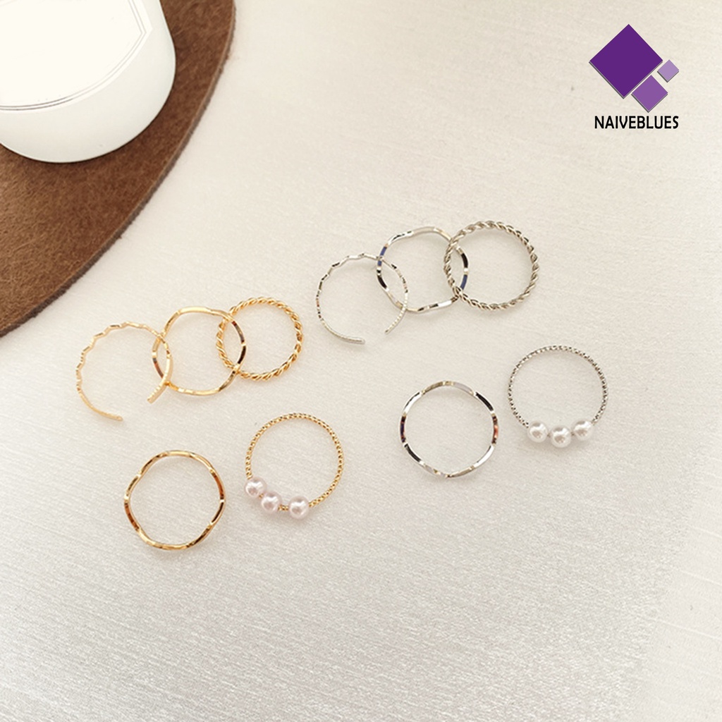 &lt; Naiveblues &gt; 5Pcs Cincin Jari Bergelombang Gaya Jepang Korea Mutiara Imitasi Set Electroplating Stackable Untuk Pesta