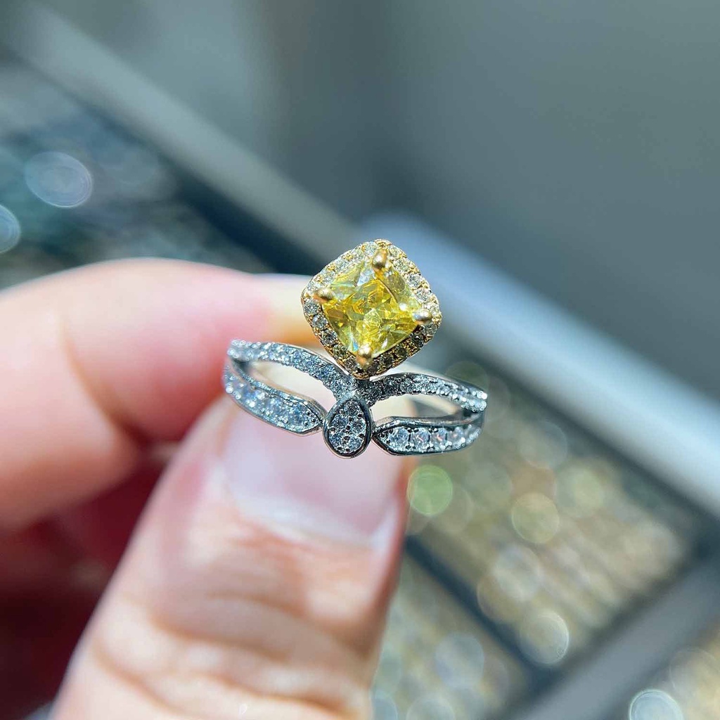 Goldkingdom Aksesoris Perhiasan Fashion Ready Stock Asche Cincin Berlian Kuning Klasik Royal Kristal Kuning Berbentuk Hati Mahkota Mikro Terbuka Cincin