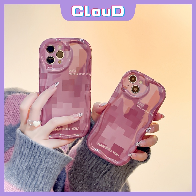 IPHONE Casing Kotak-Kotak Glossy 3D Wavy Curved Edge Kompatibel Untuk Iphone7 8 6 6s Plus 11 13 14 12 Pro Max X XR XS Max SE 2020 Rose Pink Lattice Shockproof Soft Back Cover