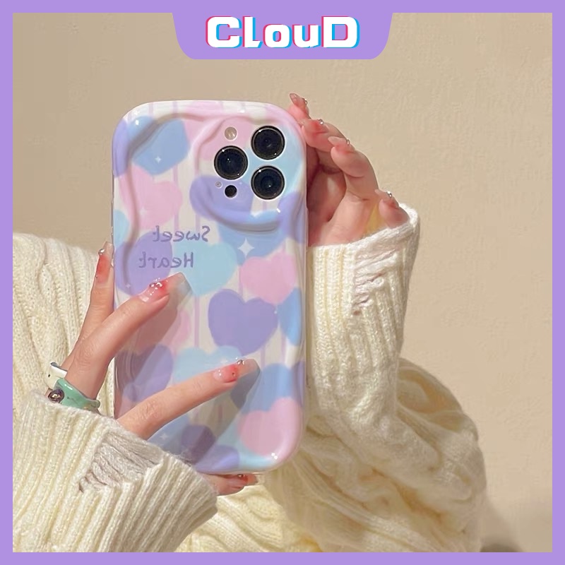 Casing 3D Wavy Curved Edge Gradient Love Heart Kompatibel Untuk iPhone 7Plus 14 11 13 12 Pro Max XR 76 8 6s Plus X XS Max SE 2020 Motif Kotak-Kotak Shockproof Glossy Soft Cover