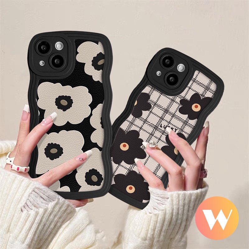 Casing Bunga Kotak-Kotak Retro Kompatibel Untuk iPhone XR X XS Max 7Plus 11 14 12 13 Pro Max 14 Plus 6s 7 8 6 Plus SE 2020 Vintage Hitam Bergelombang Tepi Telepon Lembut Tpu Penutup Belakang