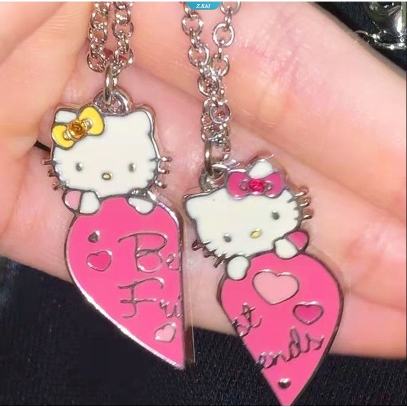 1pasang Kawaii Lucu Kartun PIink HelloKitty Friends Kalung Untuk Gadis Wanita Bentuk Hati HelloKitty Kalung Untuk Hadiah Perhiasan Sahabat Terbaik [ZK]