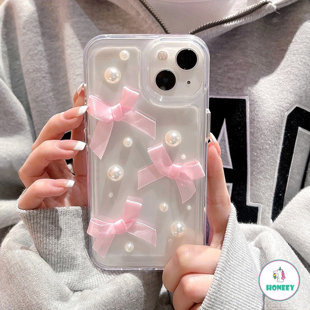 IPHONE Korea Lucu 3D Mutiara Pita Busur Lembut Transparan Phone Case Untuk Iphone14 13 12 11 Pro Max 14 Pro Lembut Shockproof Cover