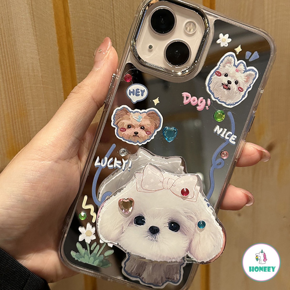 IPHONE Casing Ponsel Cermin Puppy Bunga Lucu Kompatibel Untuk Iphone11 12 13 14 Pro Max Shockproof Handphone Back Cover