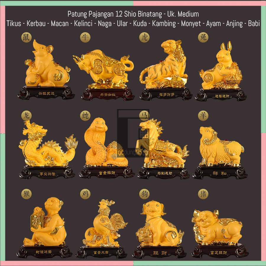 Patung Pajangan 12 Shio Sio Binatang Hewan Animal Zodiac Ox Tiger Rabbit Dragon Snake Horse Sheep Monkey Dog Pig Tikus Kerbau Harimau Macan Kelinci Ular Naga Kuda Kambing Monyet Ayam Anjing Babi Dewa Bumi Buddha Rejeki Rezeki Hoki Keberuntungan Gold Emas