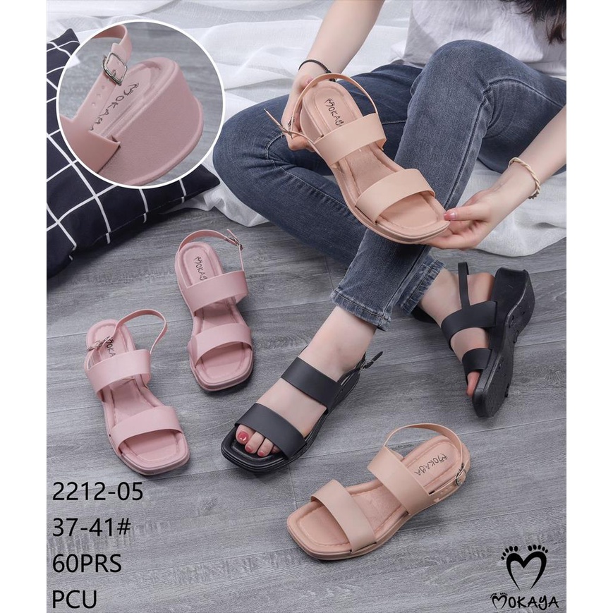 Sandal Slop Wedges Jelly Wanita Ban 2 Polos Tali Belakang Gesper Kotak Sol Tebal Empuk Simpel Cantik Kekinian Import Mokaya / Size 37-41 (2212-05)