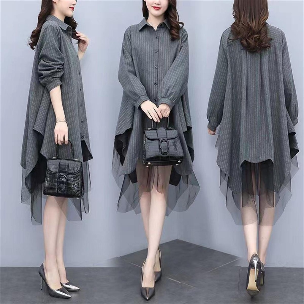 FAN 2024 rok kemeja abu -abu ukuran besar Korea baru/dres korean style/dress putih casual dress