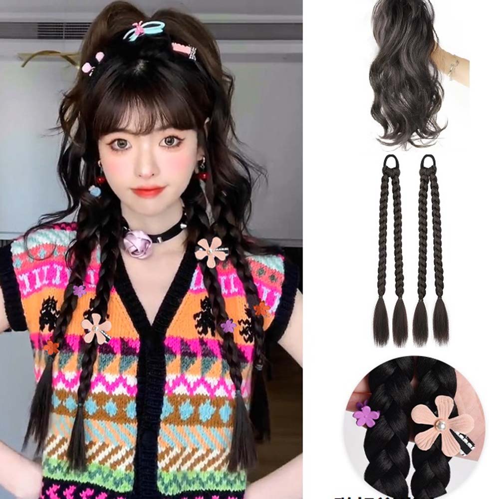 Y2k 50cm Panjang Twist Braided Tinggi 30cm Ponytail Rambut Ekstensi Untuk Wanita Serut Wig Aksesoris Rambut