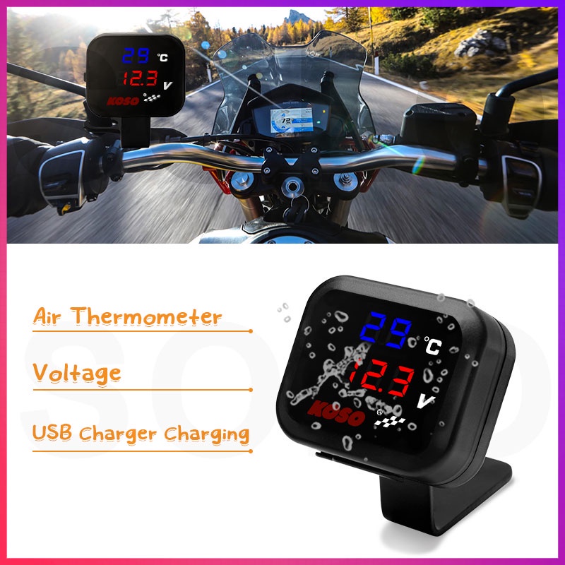 Volt Meter Koso 3 in 1/Voltmeter 3 in 1 Koso Usb Anti Air Original/Voltmeter 3in1 Charger USB 2A Breket Spion/Voltmeter Koso 3 In 1 USB Charger Universal Semua Motor Anti Air Original Termometer Digital Jam Suhu Tegangan Aki Vario Pcx Ninja Cbr