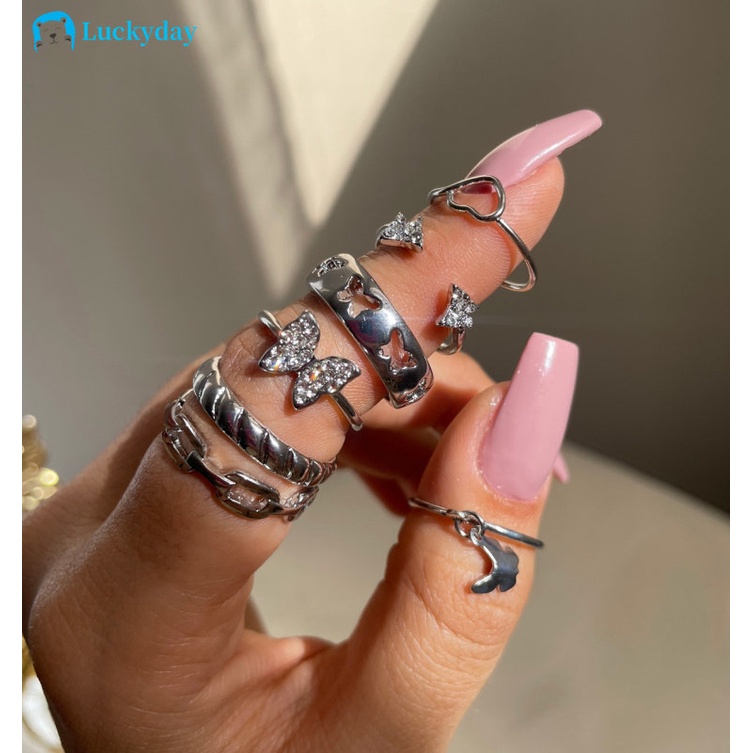 Yeezii 7 Pcs/set Cincin Perak Untuk Wanita Zirkon Kristal Hollow Kupu-Kupu Hati Twist Rings Aksesoris Perhiasan