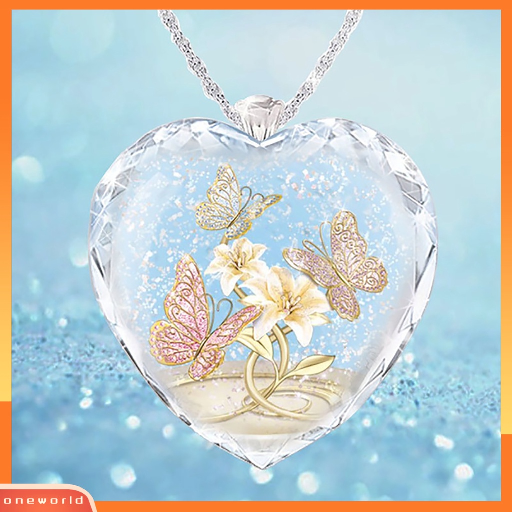 [ONE] Kalung Bentuk Hati Bahan Kaca Multi Warna Motif Bunga Charm Necklace Untuk Hadiah