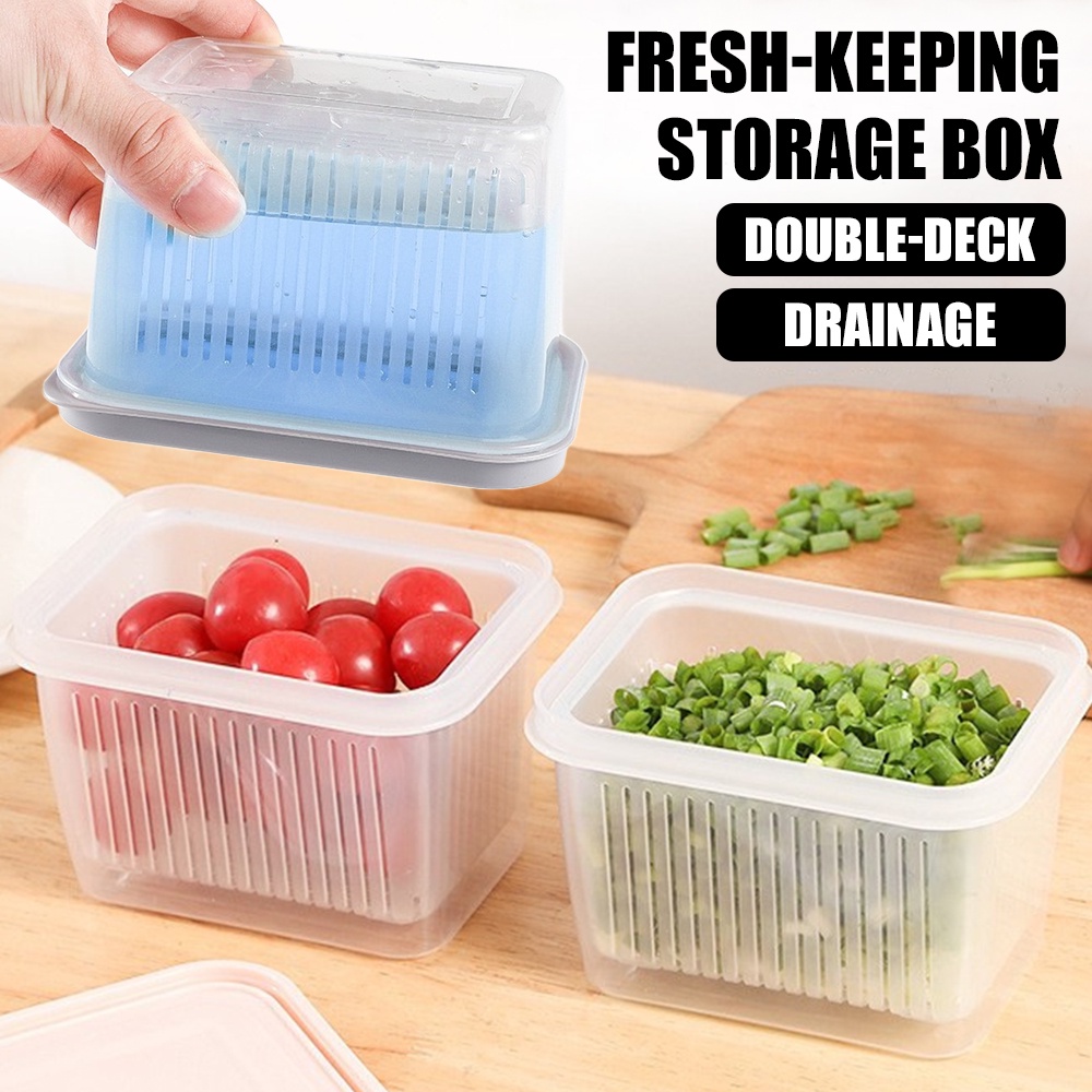 Double-layer Fresh-Keeping Drainage Case Wadah Penghemat Produksi Buah Sayuran Bumbu Dapur Kotak Penyimpanan Reusable Refrigerator Oragnizers Dengan Keranjang Saluran Yang Dapat Dilepas