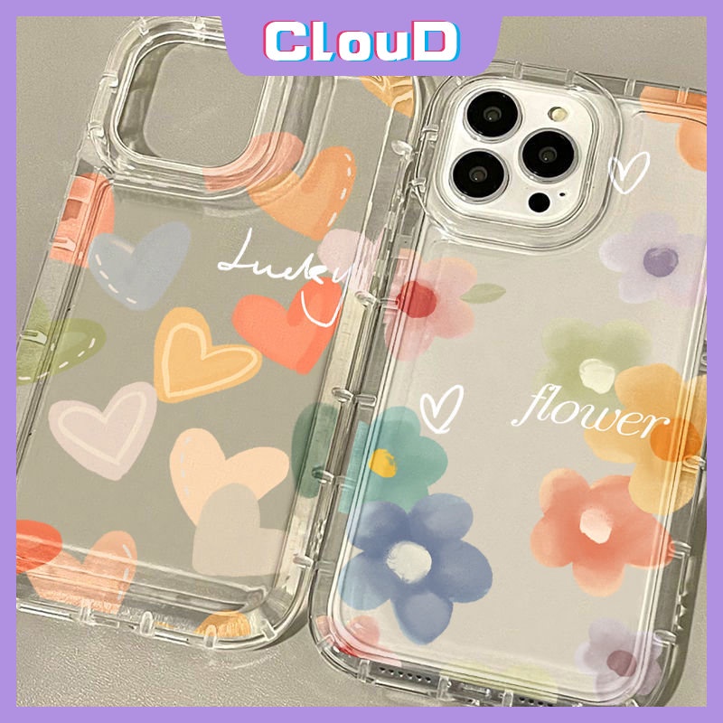 Coloful Lovely Love Heart Phone Case Kompatibel Untuk iPhone 7Plus 14 13 11 12 Pro MAX XR 7 8 6 6S Plus X XS MAX Bening Segar Bunga Lembut Tpu Shockproof Airbag Floral Back Cover