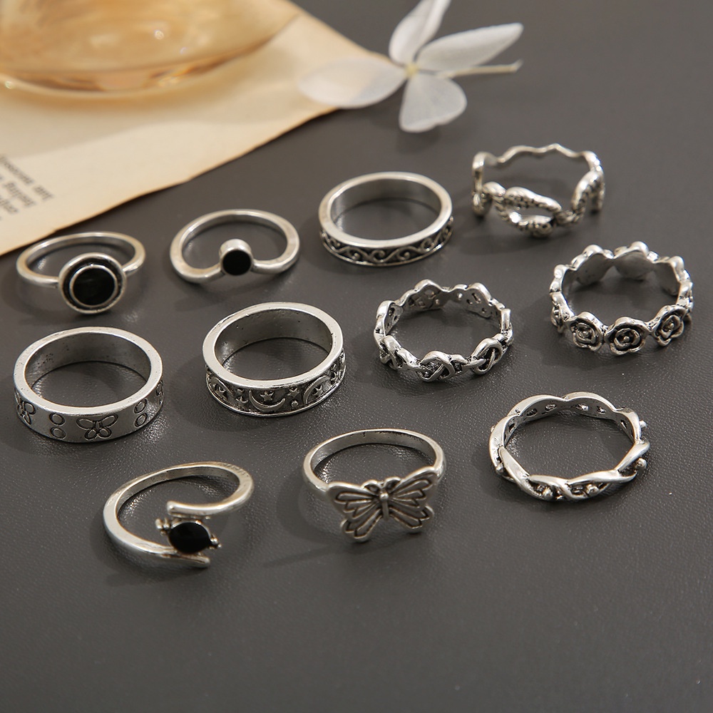 11pcs/set Vintage Antik Perak Bulan Bintang Cincin Set Untuk Wanita Butterfly Snake Flowers Joint Rings Perhiasan Hadiah