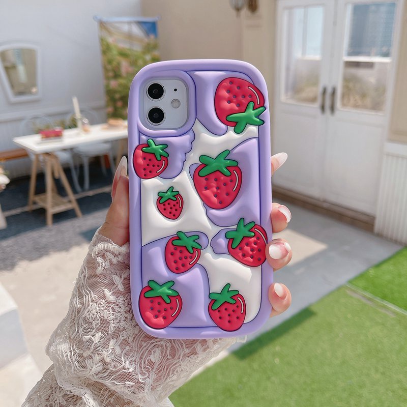 Stereoscopic Cute Pink Red Strawberry Silicone Soft Case for IPhone 6S 7 8 Plus X XR Max IPhone 11 12 13 14 Pro Max Cute TPU Phone CASE Cute Pretty Girl's Fashion