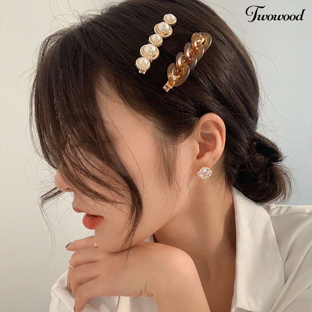 Twowood 2pcs/Set Wanita Jepit Rambut Mutiara Imitasi Non-slip Bentuk Rantai Geometris Ringan Hiasan Transparan Gadis Rambut Dekorasi Hair Clips Aksesoris Rambut