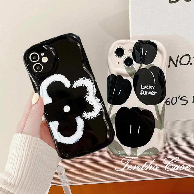 Kompatibel Untuk IPhone14 13 12 11 Pro Max8 7 6 6s Plus X Xr Xs Max SE 2020 3D Tepi Melengkung Bunga Hitam Shockproof Phone Case