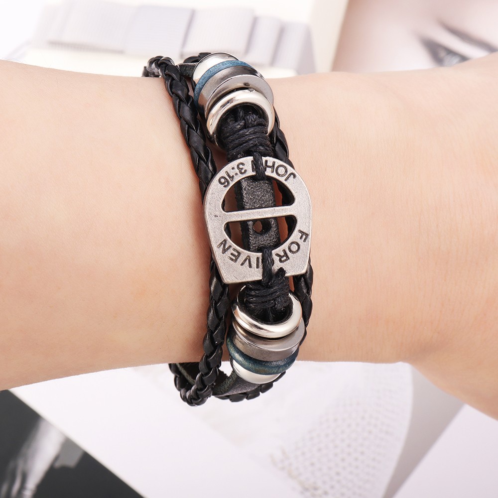 [X C Gelang] Baru Tali Logam 4 Arah Gesper Gelang Kulit Hitam Vintage Hip Hop Punk Gelang Kulit Lengan Manik-Manik Multilayer Paduan Seng Anyaman Gelang