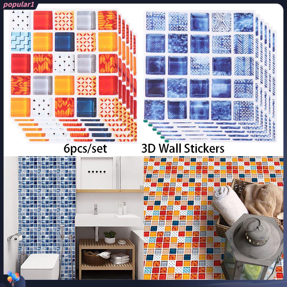 Populer 6pcs /set Stiker Dinding Kamar Mandi 3D Dapur Mural Lantai Ubin