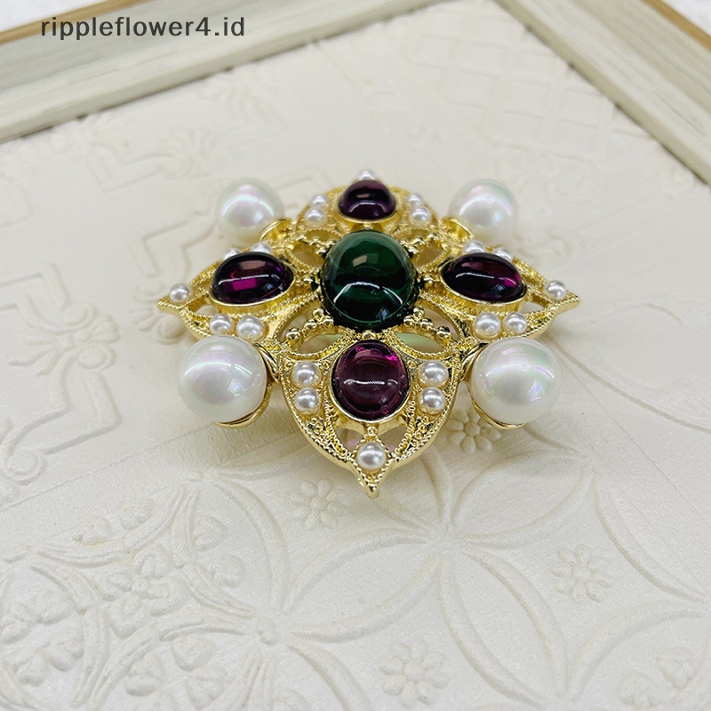 {rippleflower4.id} Warna-warni Vintage Berongga Ukir Mutiara Bros Kaca Imitasi Cross Pin Niche Pakaian Fashion Bros Mantel Perhiasan Aksesoris~