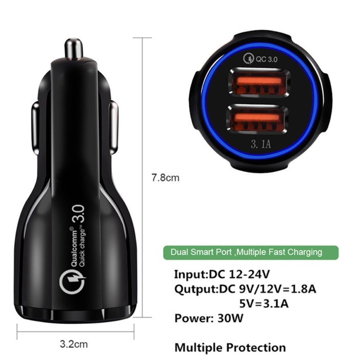 Charger Adaptor Adepter Mobil 2 Port Fast Charging 3.1 Pengisi Daya Mobil 2 Port 5V 3.1A Charger USB PD Pengisi Daya Kompatibel