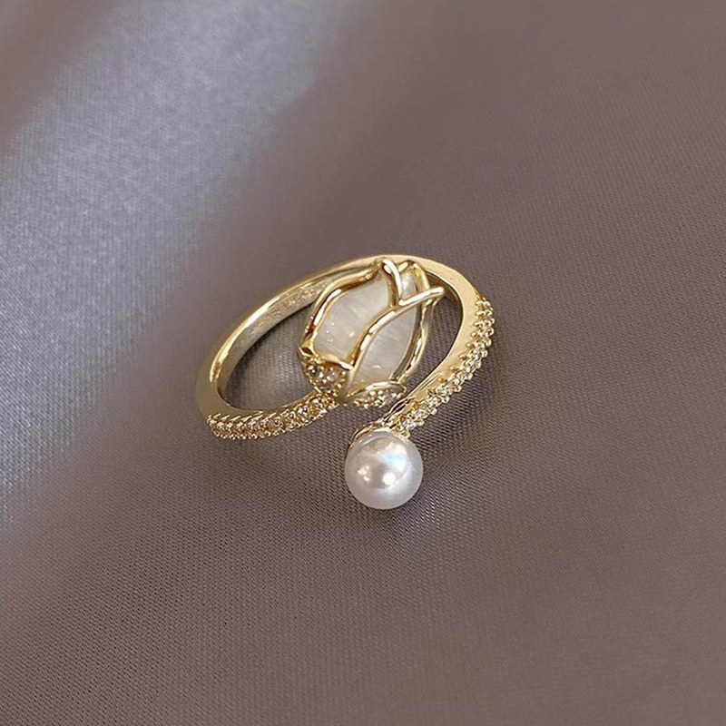 Cincin Pernikahan Mutiara Imitasi Bunga Tulip Korea Untuk Wanita Fashion Pembukaan Adjustable Zircon Rings