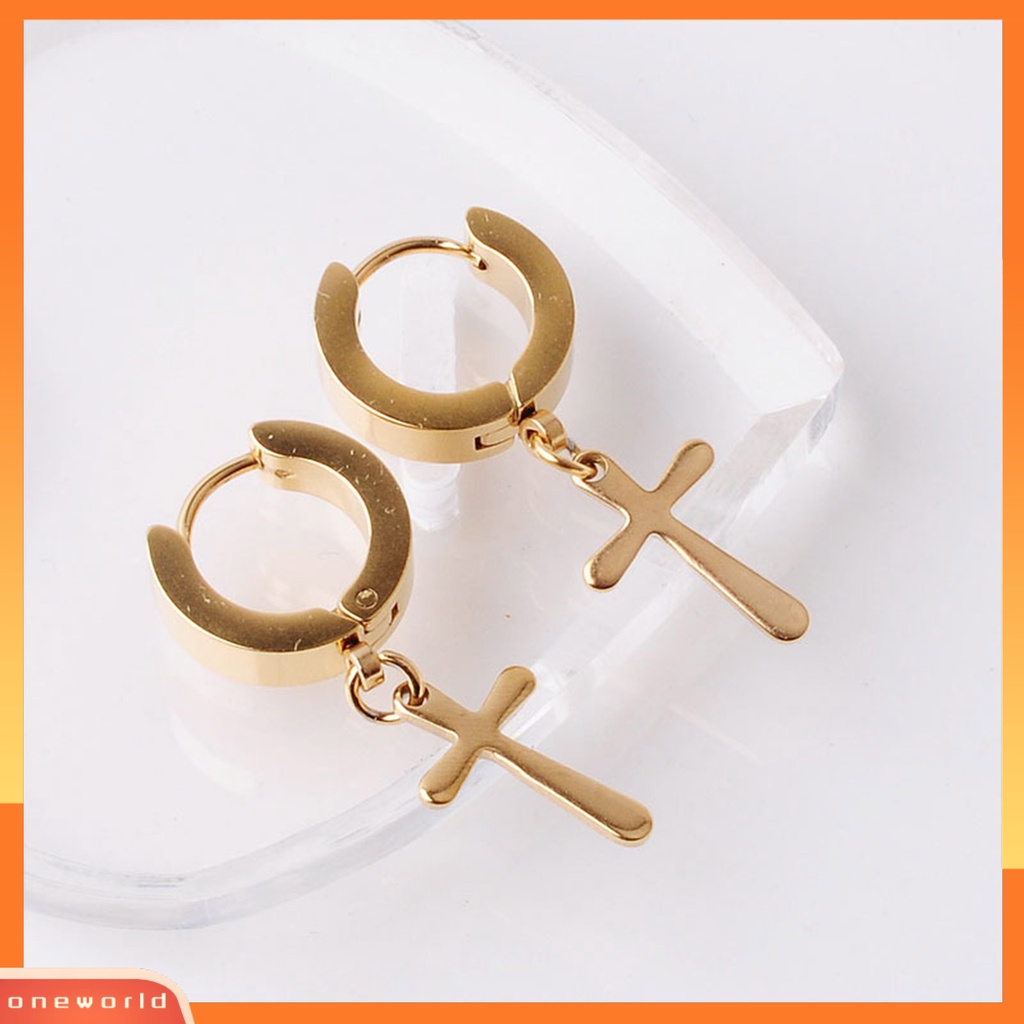 [WOD] 1pc Unisex Anting Menjuntai Salib Gaya Korea Stainless Steel Simple Bright Luster Hoop Earring Untuk Pakaian Sehari-Hari